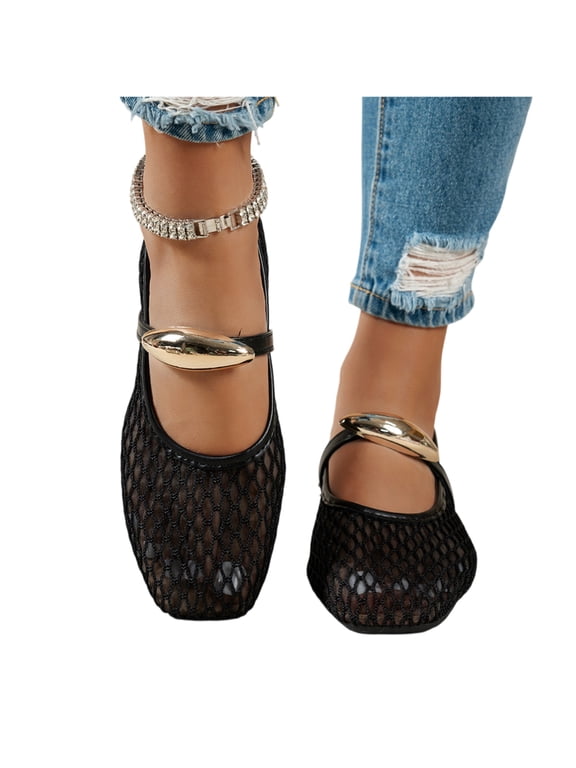 Women's Mesh Mary Jane Flats, Breathable Net Slip-On Shoes with Metal Buckle, Comfortable Casual Flats for Summer, Beach & Daily, 39