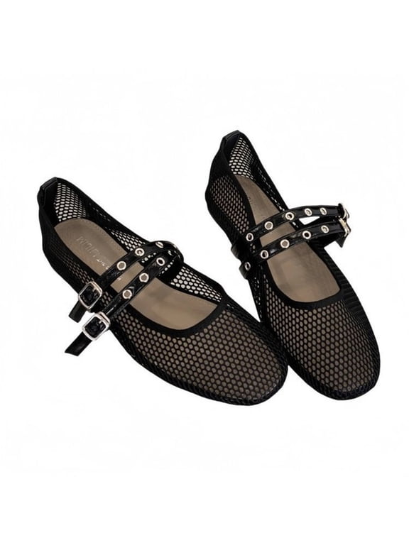 Women’s Mesh Mary Jane Flats Double Strap Buckle Studded Ballet Flats Round Toe Shoes
