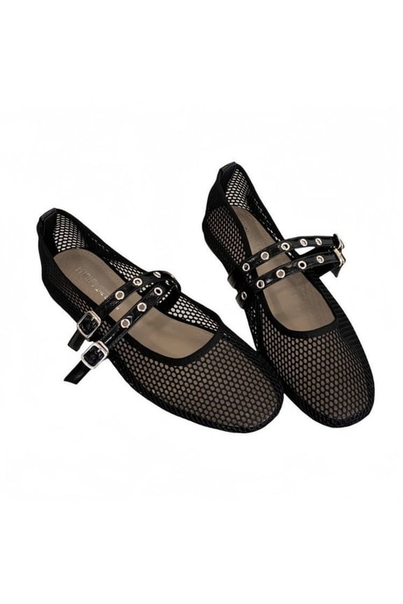 Women’s Mesh Mary Jane Flats Double Strap Buckle Studded Ballet Flats Round Toe Shoes