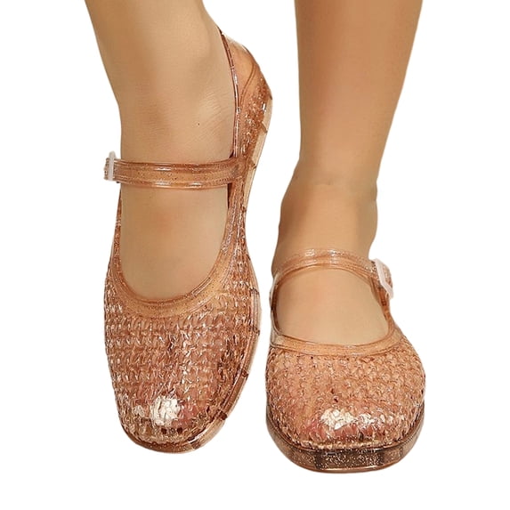 Women's Mesh Mary Jane Jelly Shoes, Breathable Hollow Out Woven Flat Sandals, Adjustable Buckle Strap Non-Slip Summer Walking Flats, 38