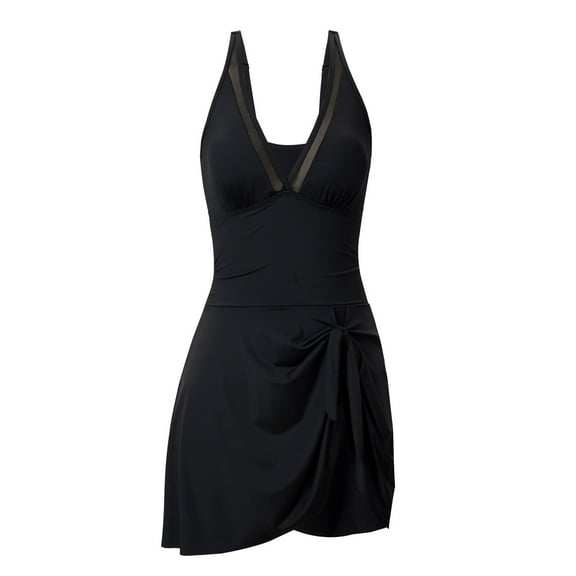 Women's Mesh One Piece Swim Dress - Tummy Control Swimsuit with Sheer Sarong Wrap, Slimming Bathing Suit for Beach & Pool