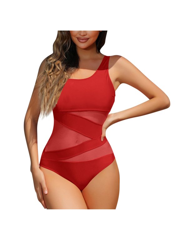 Women's Mesh One Piece Swimsuit Scoop Neck Sexy Bathing Suit Push Up Swim Suit Slimming Swimwear