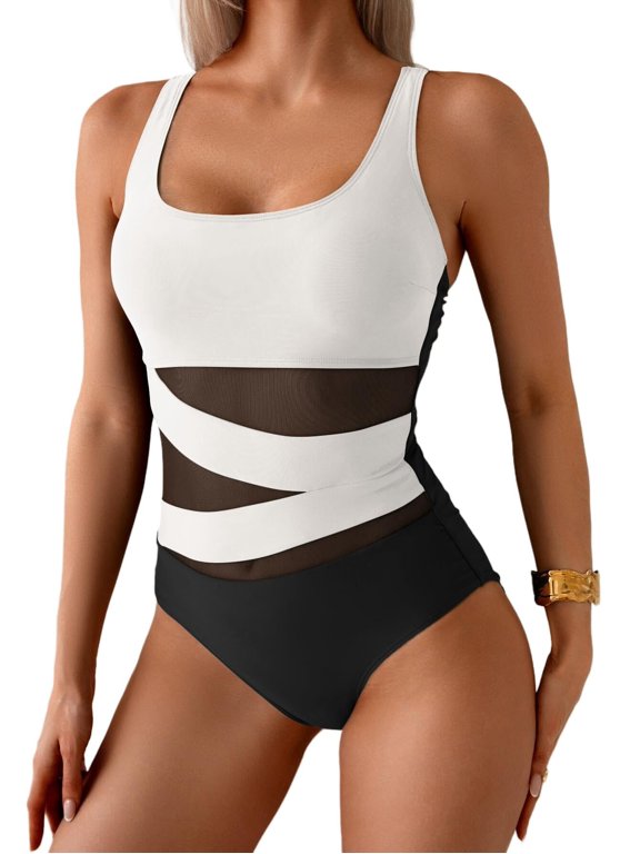 Women's Mesh One Piece Swimsuit Tummy Control Sexy Bathing Suit Push Up Swim Suit Slimming Swimwear Black