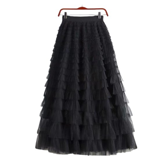 Women’s Mesh Patchwork Tiered Maxi Skirt High Waist Flowing A-Line Tulle Long Skirt Elegant Casual Wear