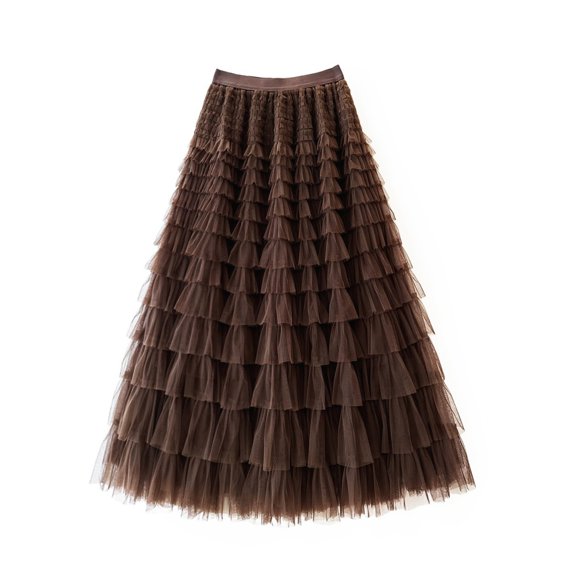 Women’s Mesh Patchwork Tiered Maxi Skirt High Waist Flowing A-Line Tulle Long Skirt Elegant Casual Wear