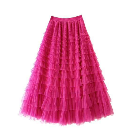 Women’s Mesh Patchwork Tiered Maxi Skirt High Waist Flowing A-Line Tulle Long Skirt Elegant Casual Wear