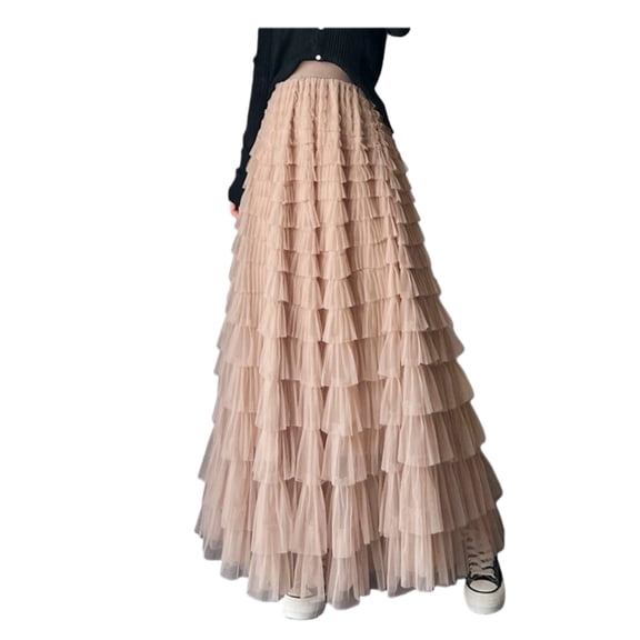 Women’s Mesh Patchwork Tiered Maxi Skirt High Waist Flowing A-Line Tulle Long Skirt Elegant Casual Wear