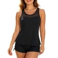 thumbnail image 1 of Women's Mesh Racerback Tankini Set, Black Sheer Neckline Top with Drawstring Boyshort, Tummy Control Modest Swimwear, 1 of 6