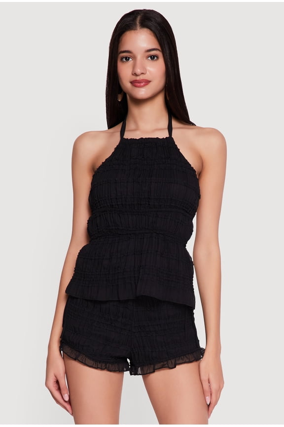 Women's Mesh Ruffled Tie Neck Halter Top