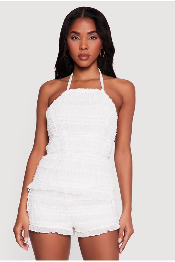 Women's Mesh Ruffled Tie Neck Halter Top