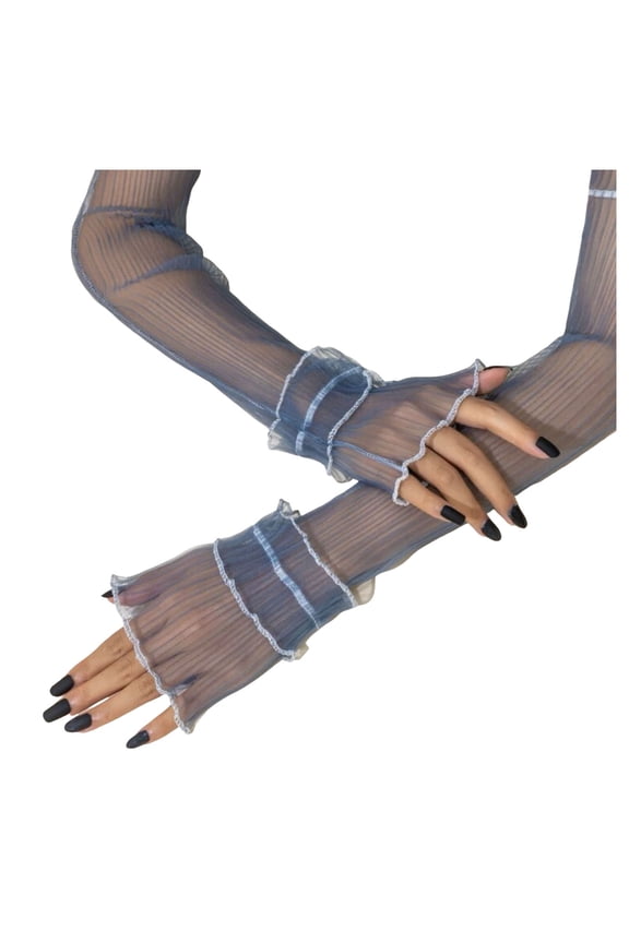 Women's Mesh Sheer Ruched Arm Sleeves Ruffle Hem Gloves Summer Vacation Beachy Outfits