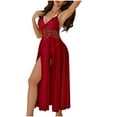 thumbnail image 1 of Women's Mesh Sheer Spaghetti Strap Nightgown V-Neck Long Sleep Dress with High Slit & Lace Trim, Elegant Home Wear, 1 of 3