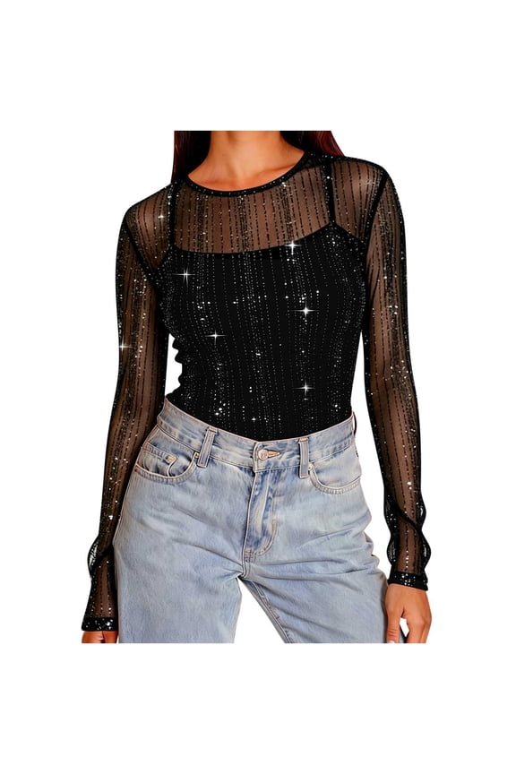 Women's Mesh Sheer Sparkle Long Sleeve Shirt Crew Neck Slim-Fit Party Top See Though Going Out Blouses (No Camisole Included)