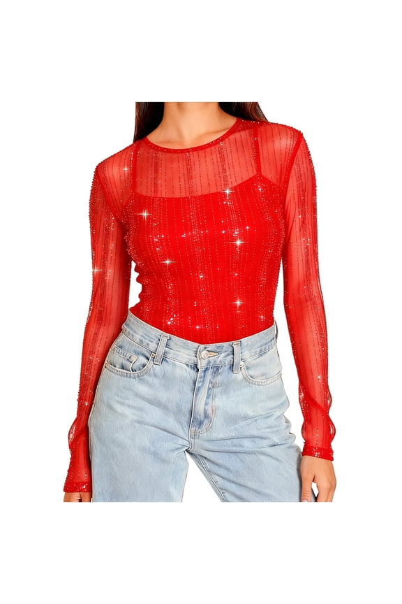 Women's Mesh Sheer Sparkle Long Sleeve Shirt Crew Neck Slim-Fit Party Top See Though Going Out Blouses (No Camisole Included)