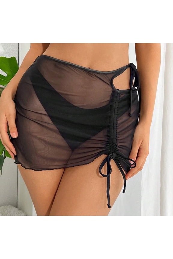 Women's Mesh Sheer Wrap Knot High Waisted Swimsuit Wrap Swim Skirt Bikini Bottoms Cover Ups For Swimwear(High waist black,L)