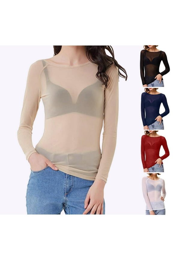 Women's Mesh Shirt Long Sleeve See Through Seamless Top Sheer Blouse Layering Tee Beige XL