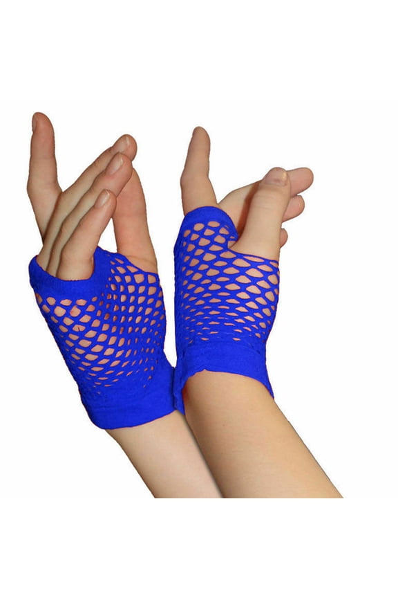 Women's Mesh Short Gloves, 80s Party Gloves for Night Club, Punk Fingerless Gloves, Retro Knit Gloves for Concerts and Raves Blue