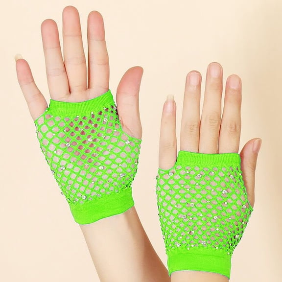 Women's Mesh Short Gloves,Punk Style Half Finger Stretchable Party Gloves with Rhinestone Details,Elastic Net Gloves for Cosplay, Rave Parties and Evening Events, Colorful Fashion Accessories - Green
