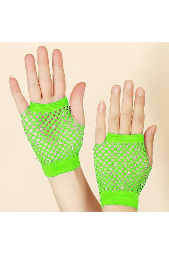 Women's Mesh Short Gloves,Punk Style Half Finger Stretchable Party Gloves with Rhinestone Details,Elastic Net Gloves for Cosplay, Rave Parties and Evening Events, Colorful Fashion Accessories - Green