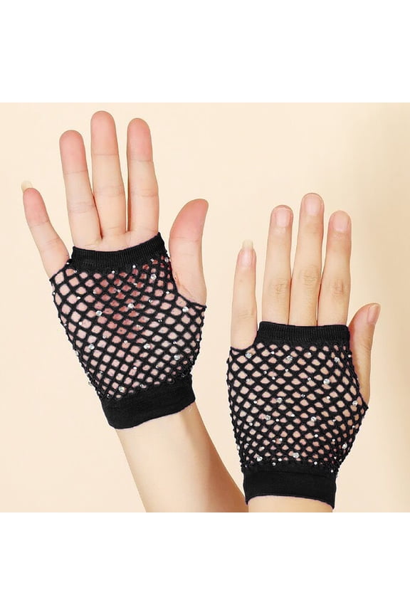Women's Mesh Short Gloves,Punk Style Half Finger Stretchable Party Gloves with Rhinestone Details,Elastic Net Gloves for Cosplay, Rave Parties and Evening Events, Colorful Fashion Accessories - Black