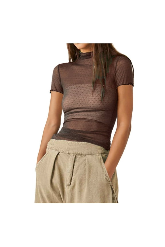 Women's Mesh Short Sleeve Tee Sheer See Through Blouse with Dot Embroidery Neck Layering Top