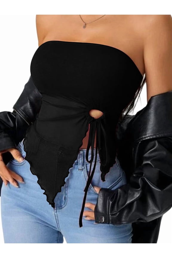 Women's Mesh Sleeveless Drawstring Split Tube Top Strapless Asymmetrical Hem Tops for Summer Black S