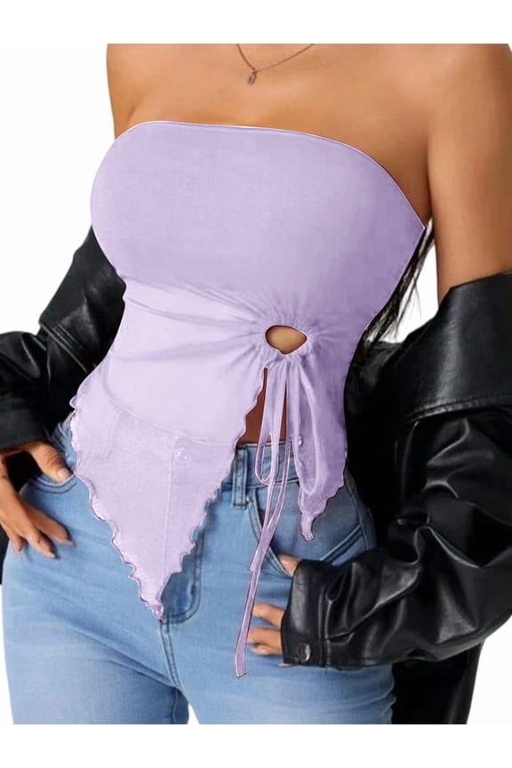 Women's Mesh Sleeveless Drawstring Split Tube Top Strapless Asymmetrical Hem Tops for Summer Lavender Purple XS