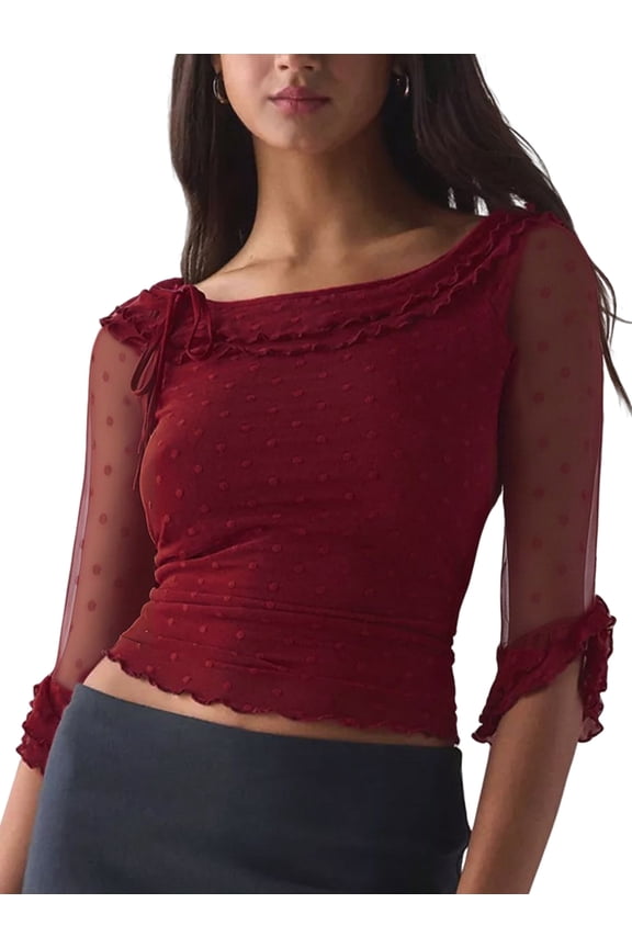 Women's Mesh Slim Fit Ruffle Polka Dot Sleeve Boat Neck Sheer Tops for Daily Wear Wine Red XL