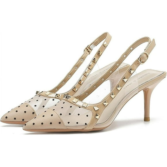 Women's Mesh Slingback Stiletto Heels with Studded Closed Pointed Toe Adjustable Strap Transparent High Heels Comfortable Rivet Dress Pumps for Daily Wedding Party