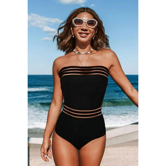 Women's Mesh Striped Swimsuit One Piece High Waist Beachwear