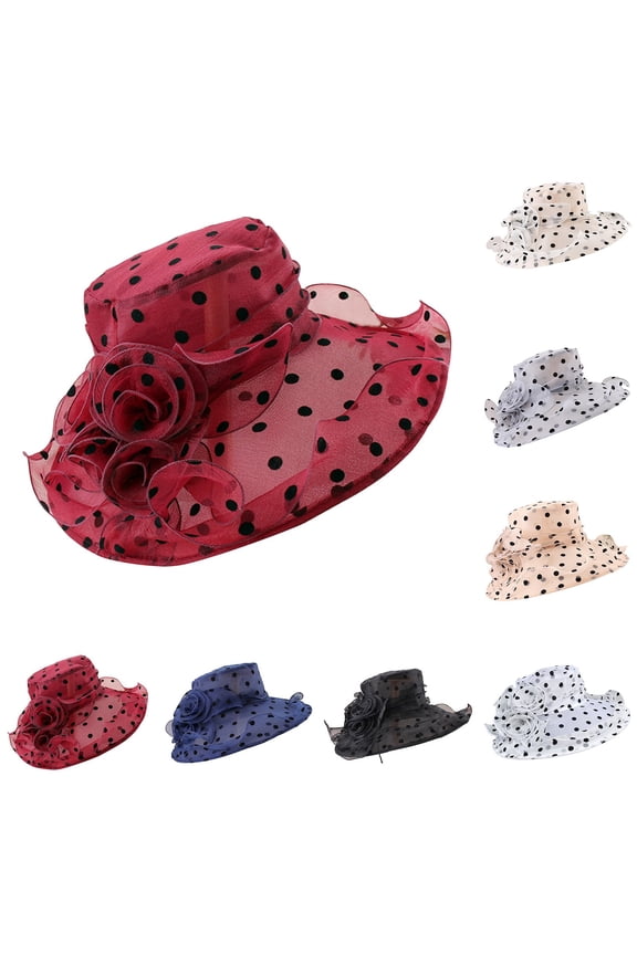 Women's Mesh Sun Hat with Polka Dot and Organza Flower, Wide Brim Wedding Beach Hat, Foldable UPF Sun Protection Hat for Church, Garden Party, Vacation and Outdoor Events-Beige