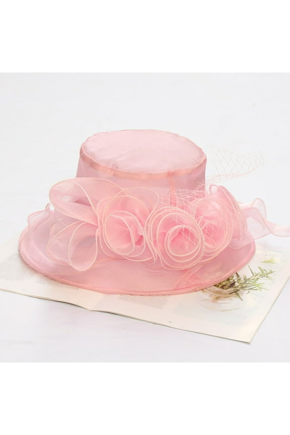 Women's Mesh Sun Hat, Retro Floppy Beach Hat with Bow, Foldable Wide Brim Sunshade Hat for Women, Summer Wedding Guest Hat and Outdoor Fashion-Pink