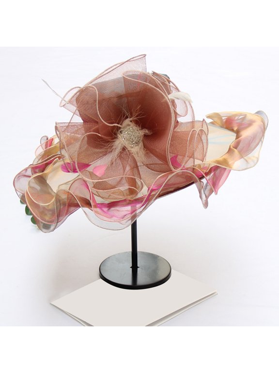 Women's Mesh Sun Hat with Flower, Elegant Wide Brim Church Hat, Fashion Wedding Guest Hat for Tea Party, Outdoor Travel, and Formal Occasions Coffee