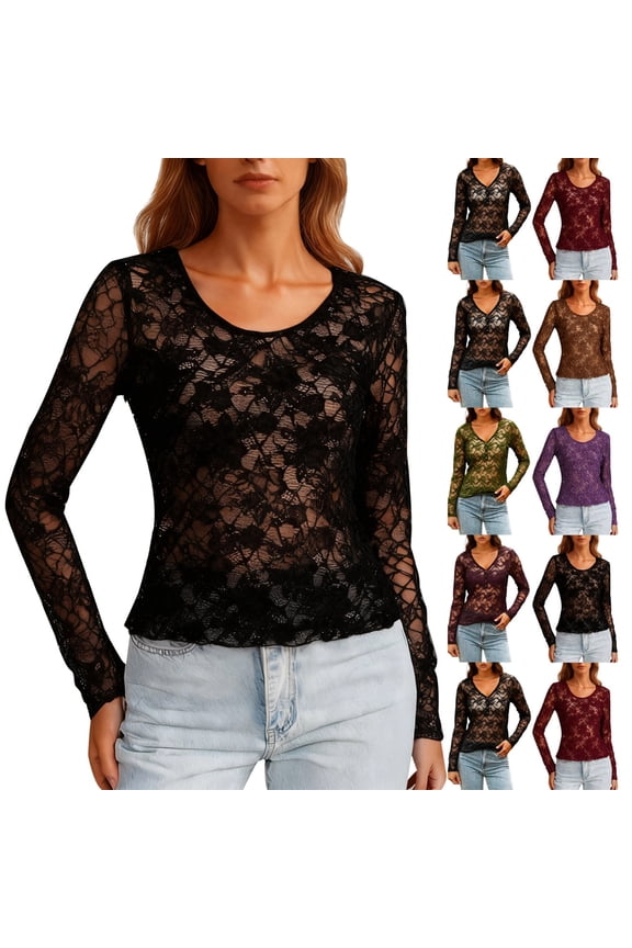 Women's Mesh Top Floral Long Sleeve See Through Shirt Lace Sheer Blouses, Black XXL