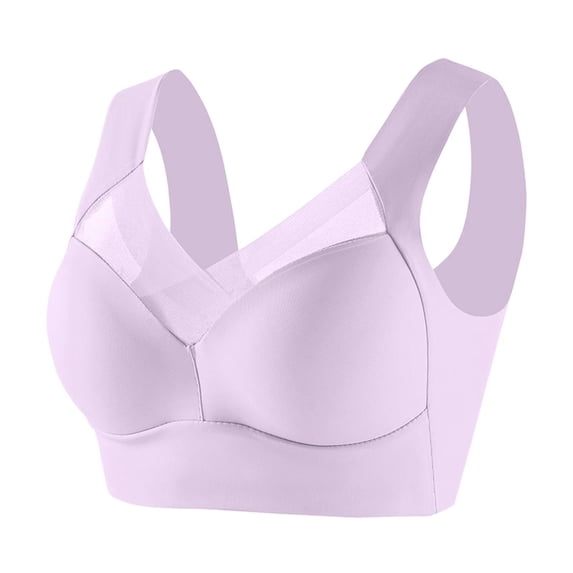 Women's Mesh V-Neck Wide Strap Bra, Seamless Padded High Elastic Wireless Daily Wear Sports Bralette Purple 5XL