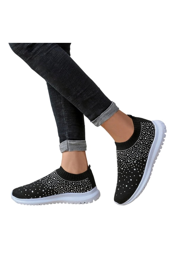 Women's Mesh Walking Shoes Rhinestone Glitter Slip On Ballroom Jazz Latin Dance Sock Sneakers Casual Shoes,Black Size 43