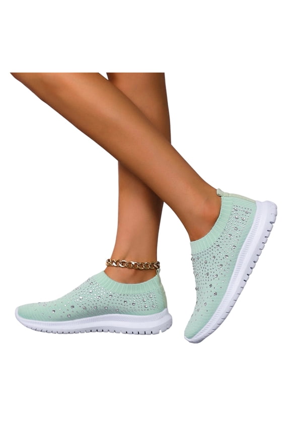 Women's Mesh Walking Shoes Rhinestone Glitter Slip On Ballroom Jazz Latin Dance Sock Sneakers Casual Shoes,Green Size 35