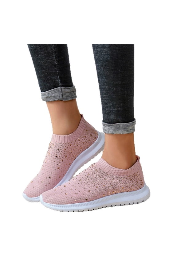 Women's Mesh Walking Shoes Rhinestone Glitter Slip On Ballroom Jazz Latin Dance Sock Sneakers Casual Shoes,Pink Size 40