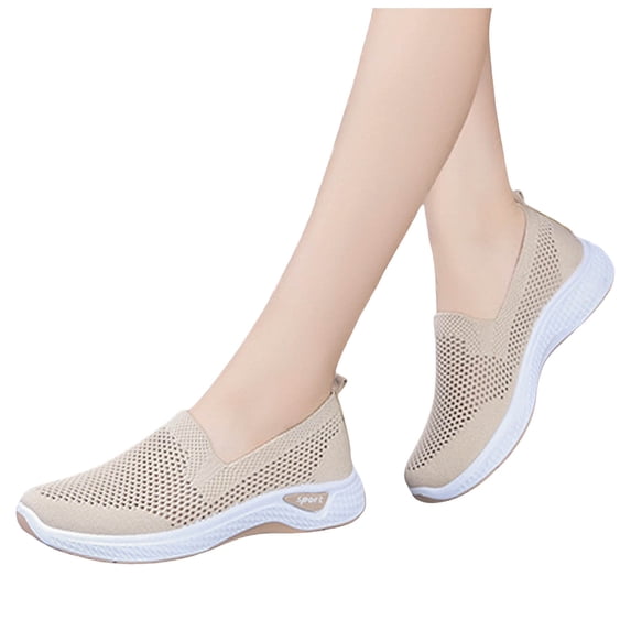 Women's Mesh Walking Sneakers Lightweight Breathable Workout Shoes Elderly Slip on Summer Casual Tennis Shoe wirh Arch Support Beige Size 7