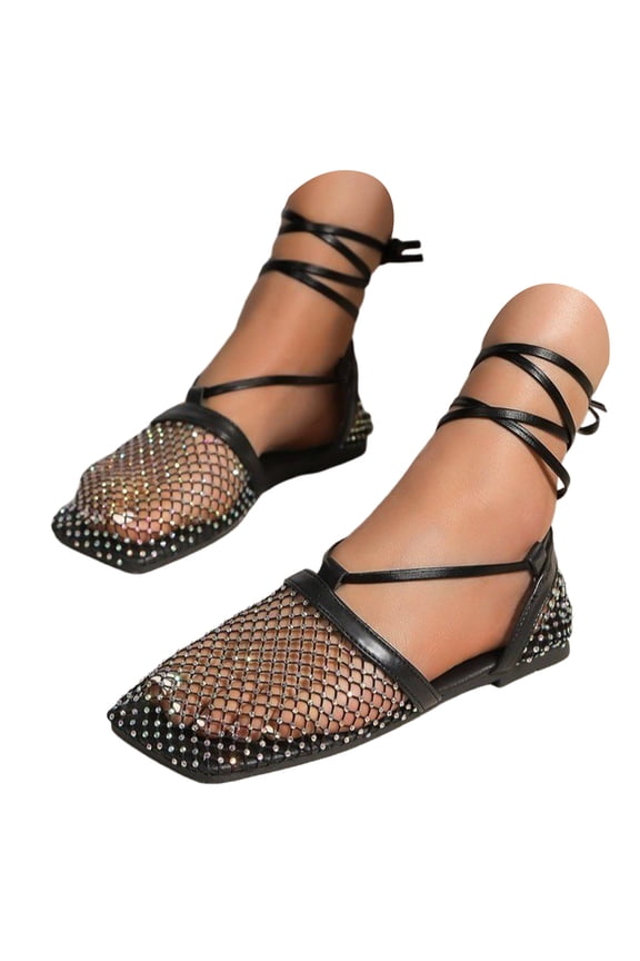 Women's Mesh Wrap-Up Heels Square Toe Fishnet Sandals Strappy Flat Slides Summer Closed Toe Beach Party Shoes（Black，Size 6.5)