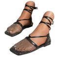 thumbnail image 1 of Women's Mesh Wrap-Up Heels Square Toe Fishnet Sandals Strappy Flat Slides Summer Closed Toe Beach Party Shoes（Black，Size 8.5), 1 of 8