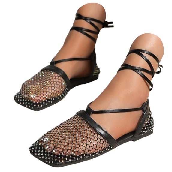 Women's Mesh Wrap-Up Heels Square Toe Fishnet Sandals Strappy Flat Slides Summer Closed Toe Beach Party Shoes(Black,Size 8.5)