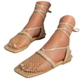 thumbnail image 1 of Women's Mesh Wrap-Up Heels Square Toe Fishnet Sandals Strappy Flat Slides Summer Closed Toe Beach Party Shoes（Gold，Size 9.5), 1 of 7