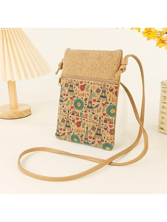 Women's Messenger Bag Fashion Cork Phone Bag Ladies Crossbody Shoulder Bag Adjustable Shoulder Strap Double Zipper