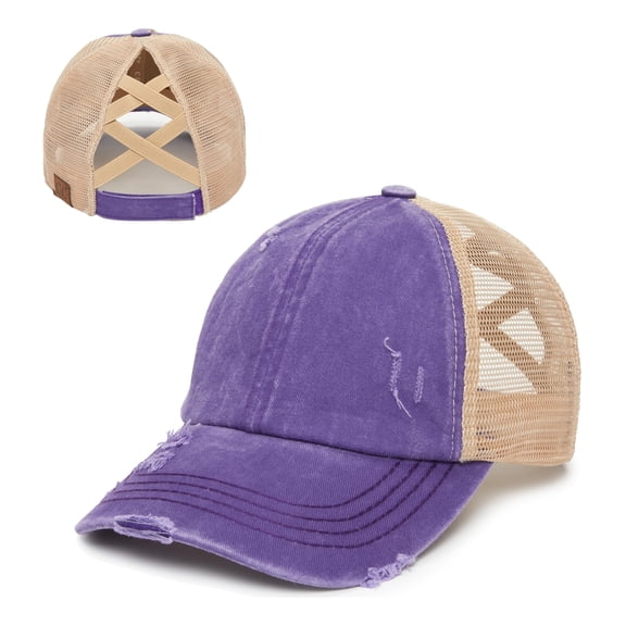Women's Messy Bun Ballcap, Criss Cross Ponytail Trucker Baseball Running Hat - Purple