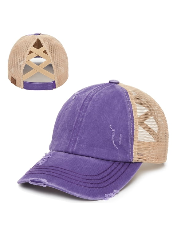 Women's Messy Bun Ballcap, Criss Cross Ponytail Trucker Baseball Running Hat - Purple
