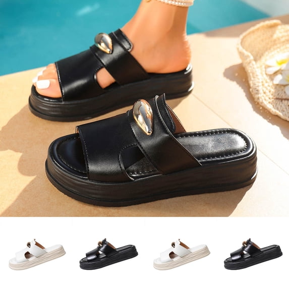 Women's Metal Buckle Platform Slide Sandals Wide Width Open Toe Summer Casual Slippers Soft Cushioned Thick Bottom Lightweight Height Increasing Outdoor Beach Slides
