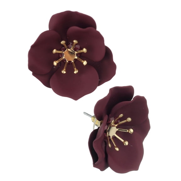 Women's Metal Matte 25mm Flower Petal Stud Pierced Earrings, Burgundy