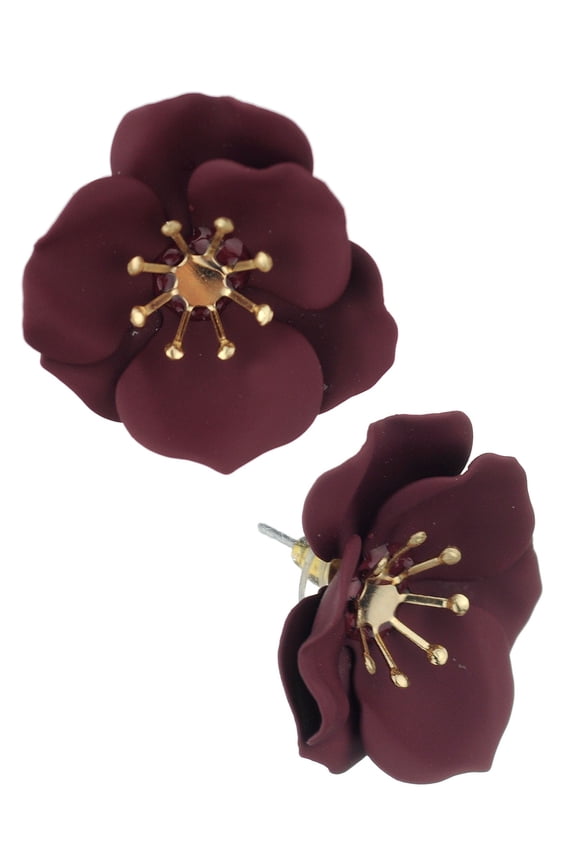 Women's Metal Matte 25mm Flower Petal Stud Pierced Earrings, Burgundy