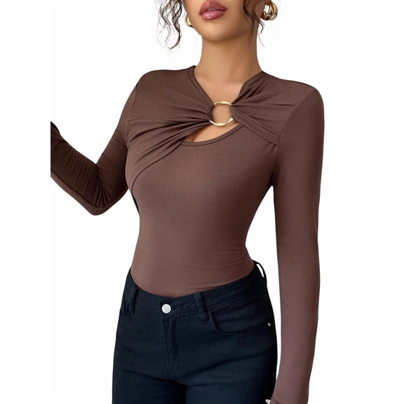 Women's Metal Ring Long Sleeve Asymmetrical Neck T Shirt Slim Fit Ruched Going Out Tops Brown L